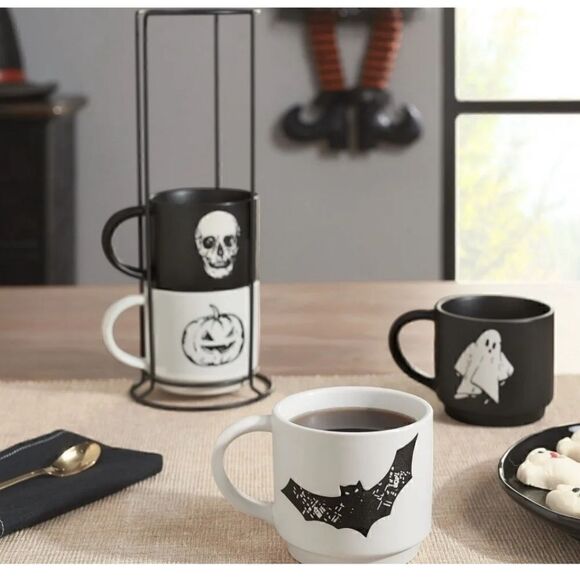 Way to Celebrate 4-Piece 12-Oz Black & White Halloween Icons Ceramic Pumpkin - Picture 4 of 7